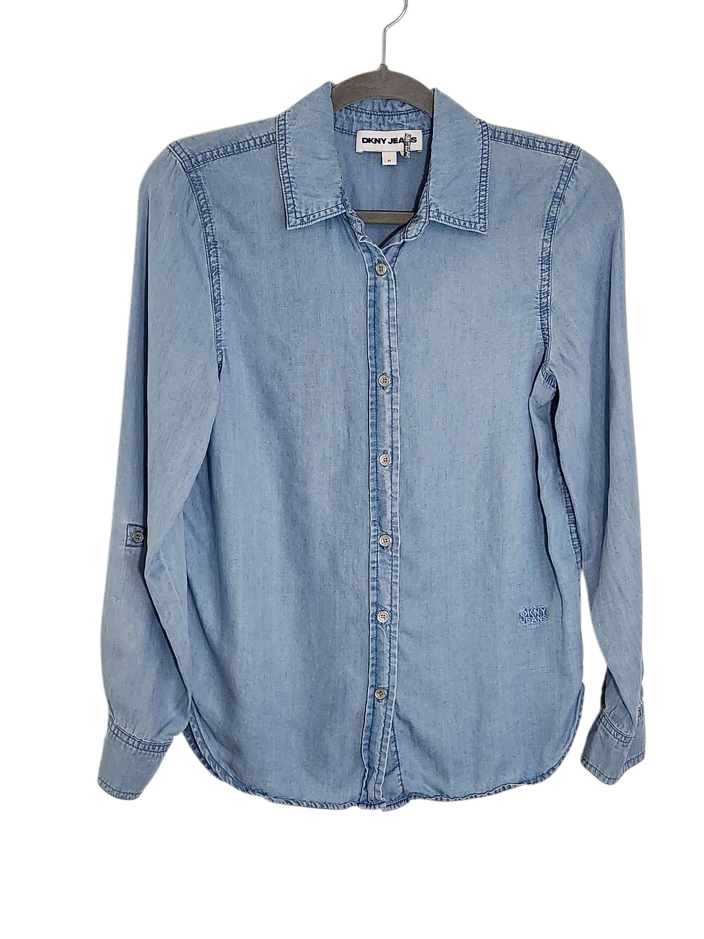 DKNY Light Wash Chambray Button Down Shirt Roll Tab Sleeves Size XS Flaw